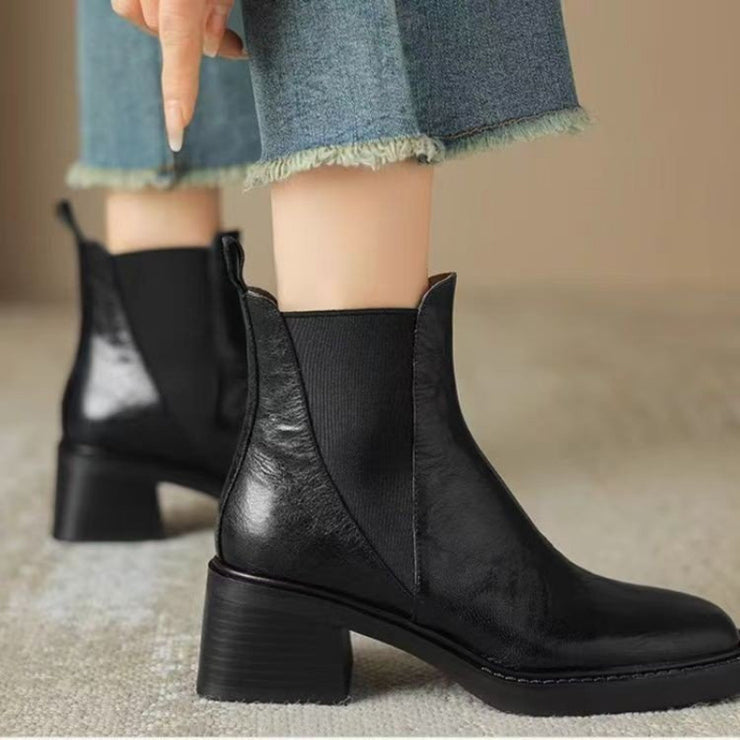 Thick Heel French Leather Boots