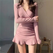 Long Sleeve V-Neck Short Skirt