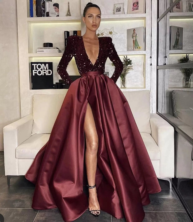 Long Sleeve V-Neck Elegant Evening Dress