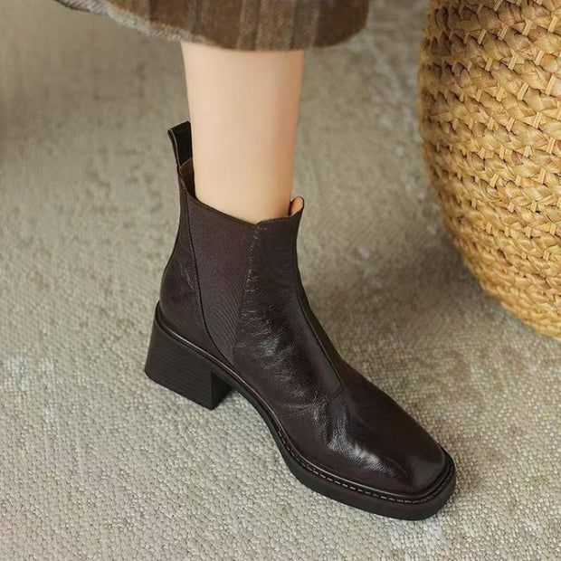 Thick Heel French Leather Boots