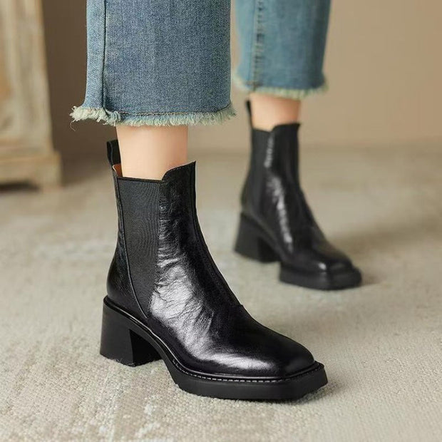 Thick Heel French Leather Boots