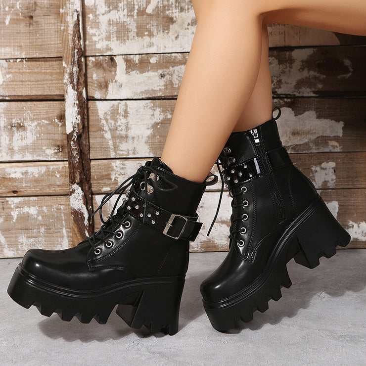 Round Fashion Side Toe Zipper Thick Heel Leather Boots