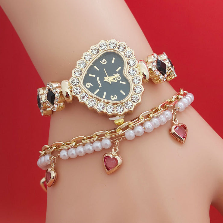 Fashion Diamond-embedded Love Heart-shaped Bracelet Watch Suit