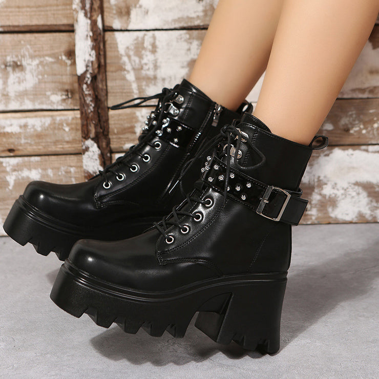 Round Fashion Side Toe Zipper Thick Heel Leather Boots