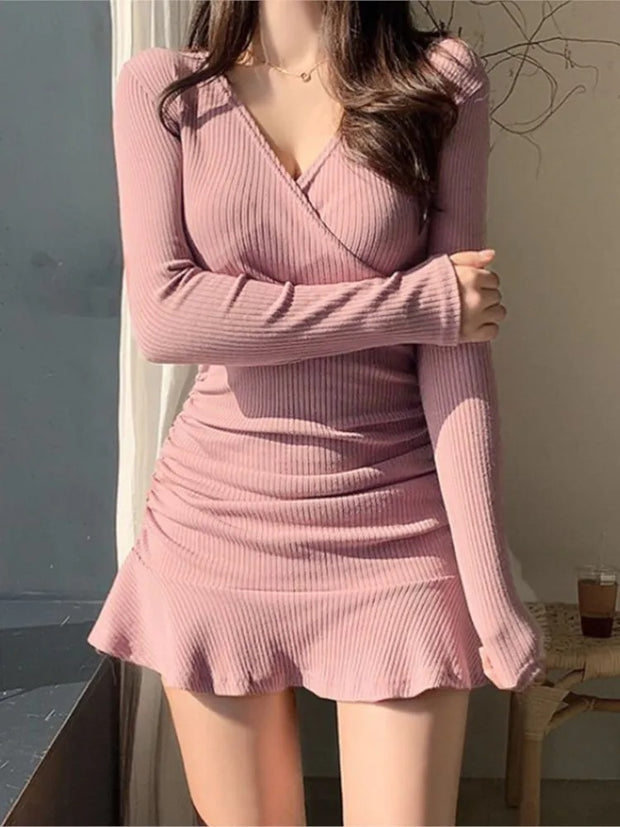 Long Sleeve V-Neck Short Skirt