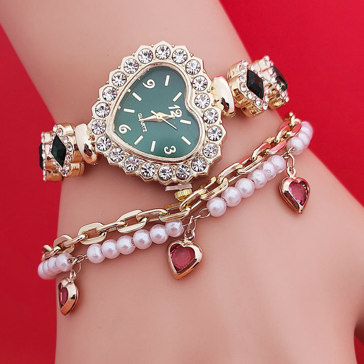 Fashion Diamond-embedded Love Heart-shaped Bracelet Watch Suit